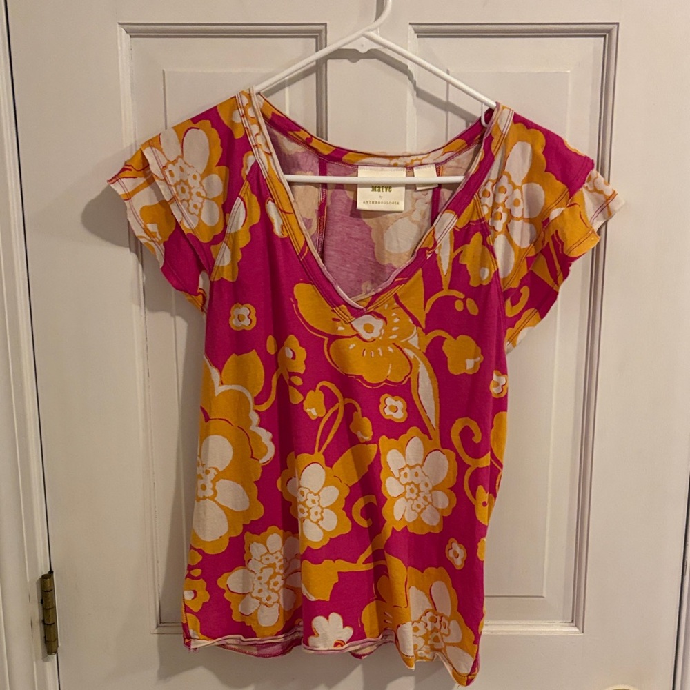 Maeve Anthropologie Vibrant Floral Short Sleeve Tee size medium